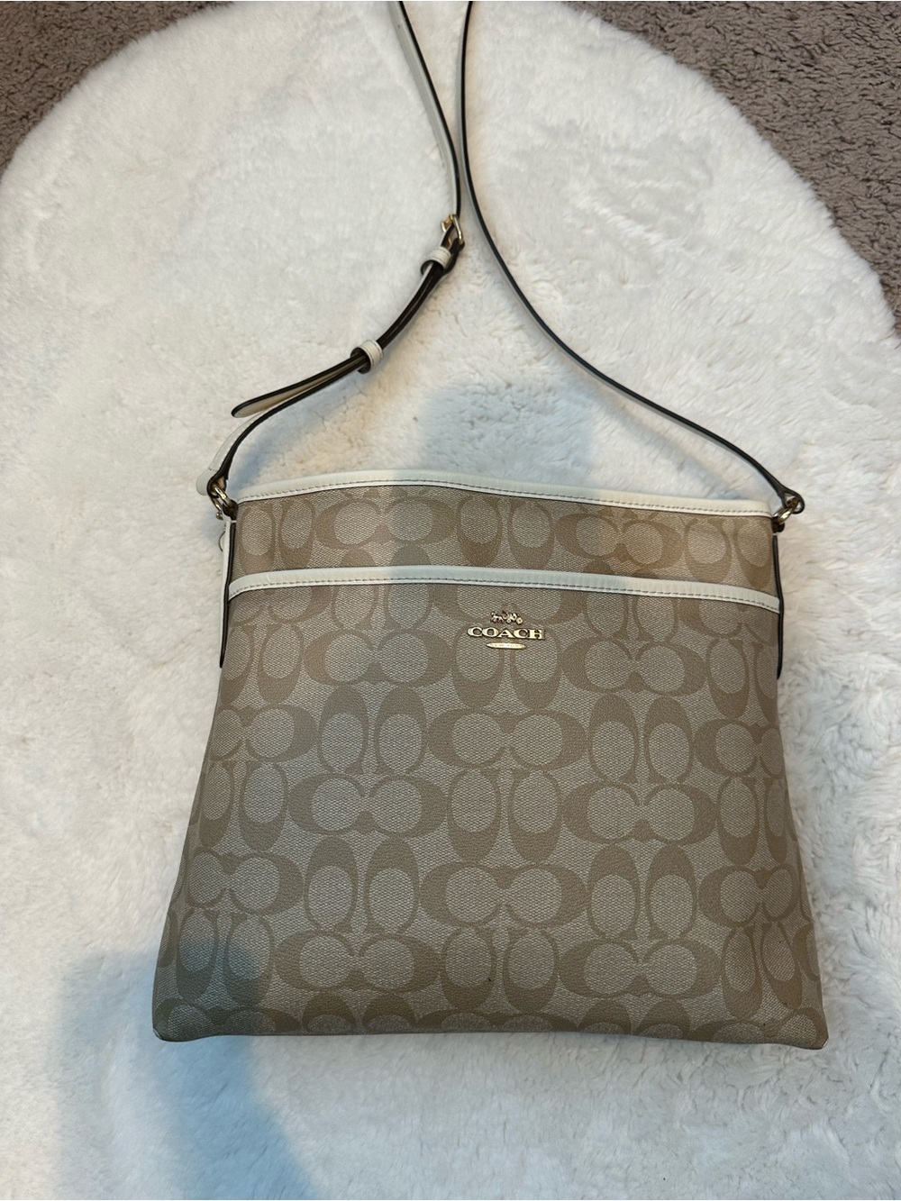 Coach Khaki Signature Leather Crossbody with Chalk Trim
